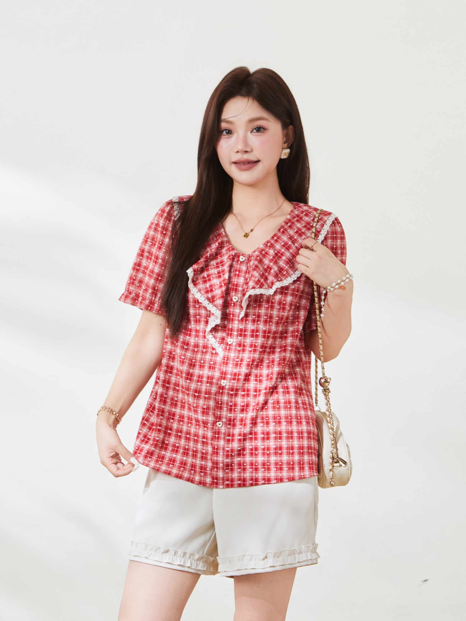 French bowknot V-neck ruffle blouse FXA7160