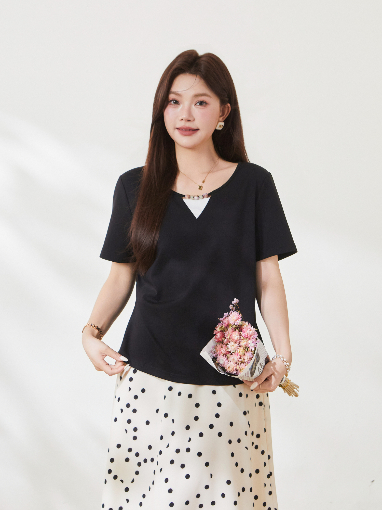 Sweet Colorful Beaded Color-block T-shirt FXZ9030