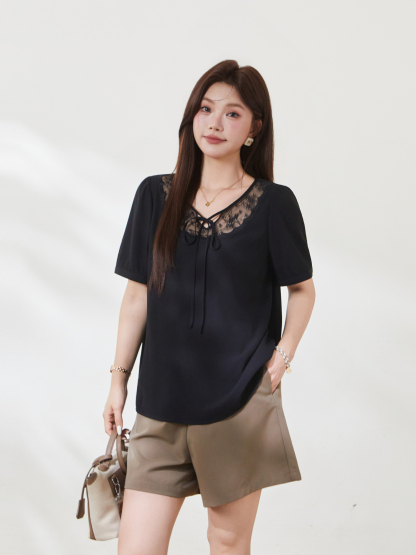 New Chinese style lace up bubble sleeve sweater，FXA7175