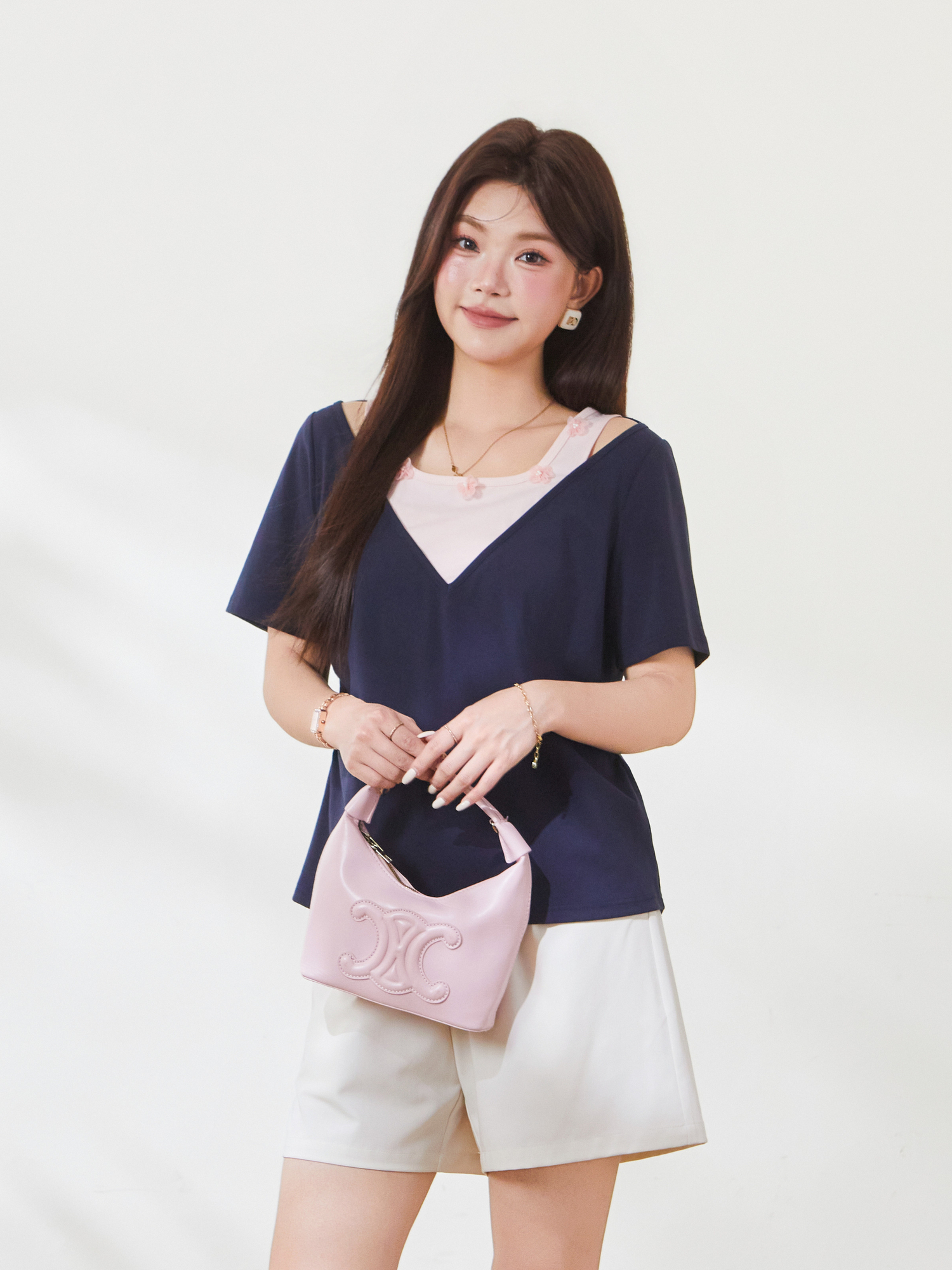 Color-blocked fake two-piece sweet knitted T-shirt FXZ9012