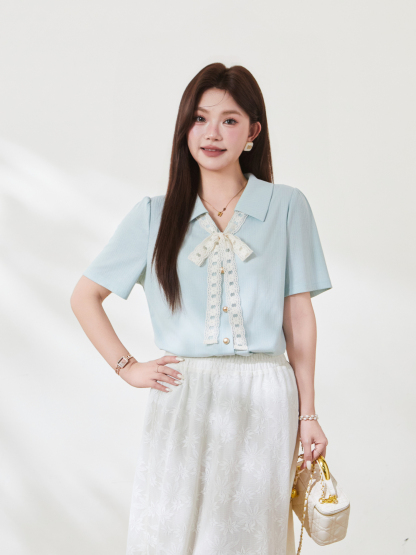 Collar lace tied temperament texture T-shirt,FXZ7129
