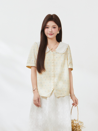 Contrast-colored baby-collar floral shirt FXA7215