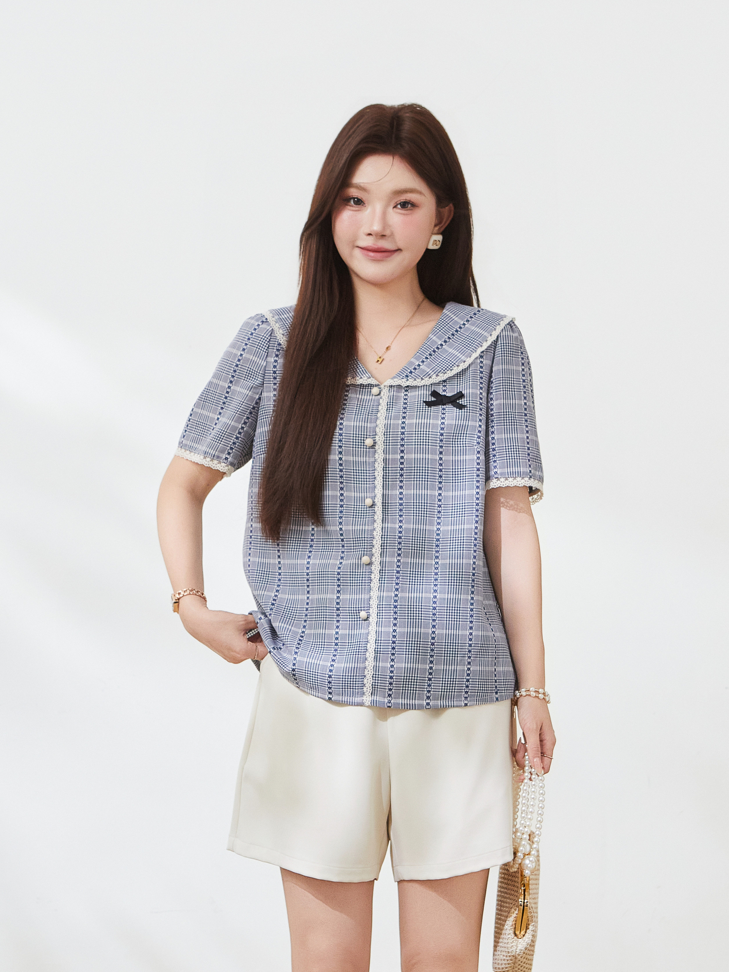 Academic style navy collar slim-fitting checkered shirt FXA7189