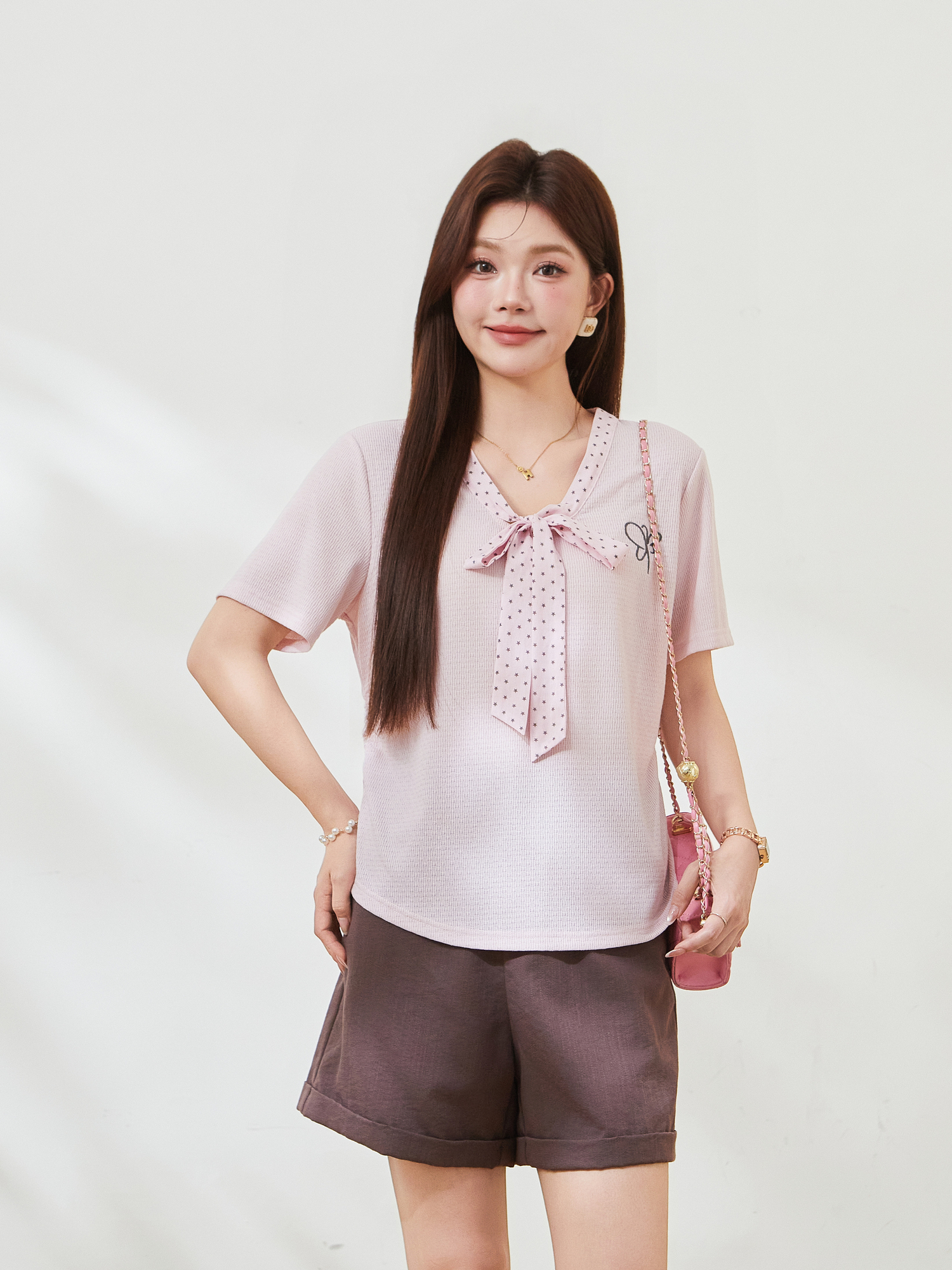 Polka Dot Bowknot V-Neck Knitted T-Shirt FXZ7385