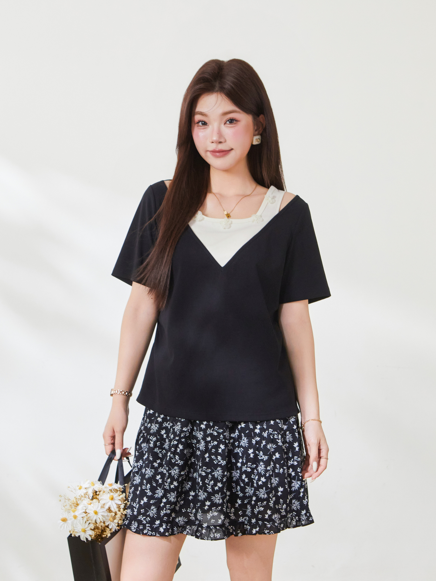 Color-blocked fake two-piece sweet knitted T-shirt FXZ9012