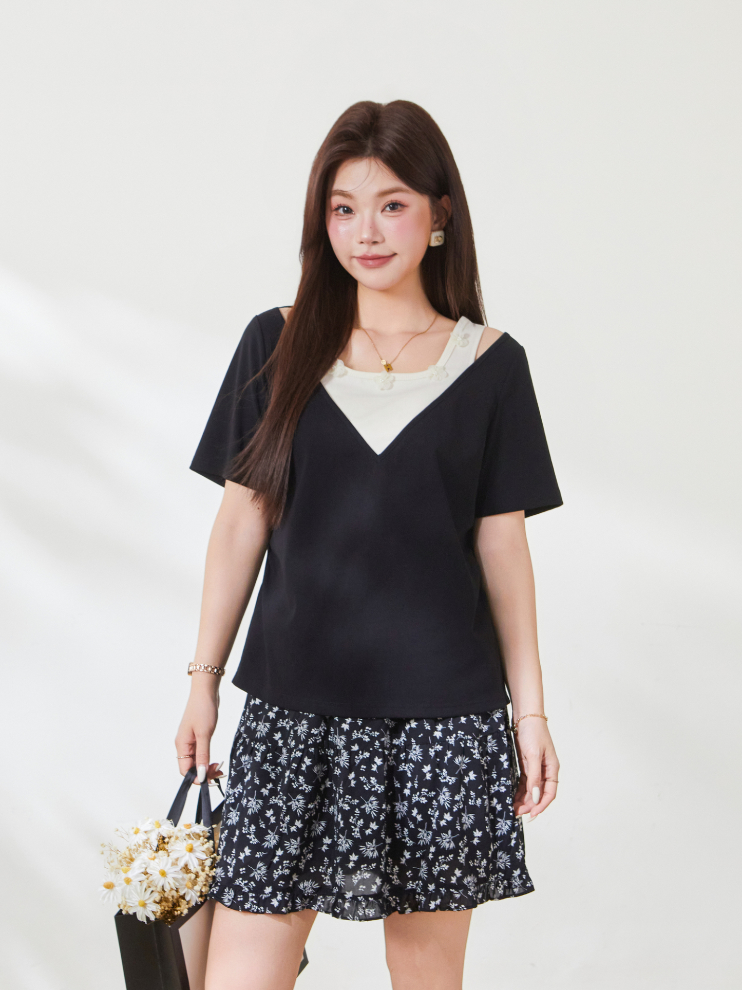 Color-blocked fake two-piece sweet knitted T-shirt FXZ9012
