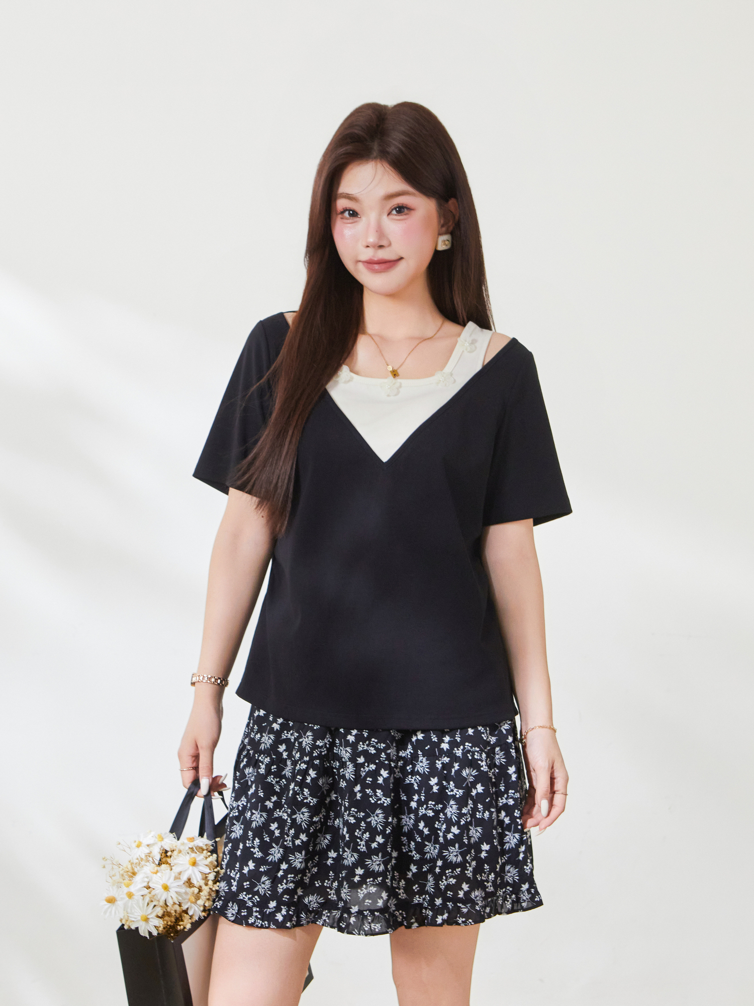 Color-blocked fake two-piece sweet knitted T-shirt FXZ9012