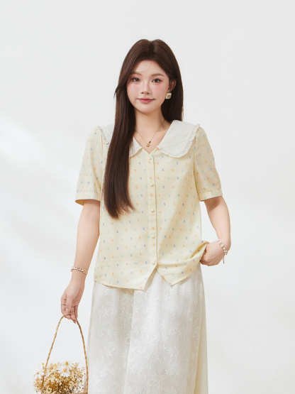 Contrast-colored baby-collar floral shirt FXA7215