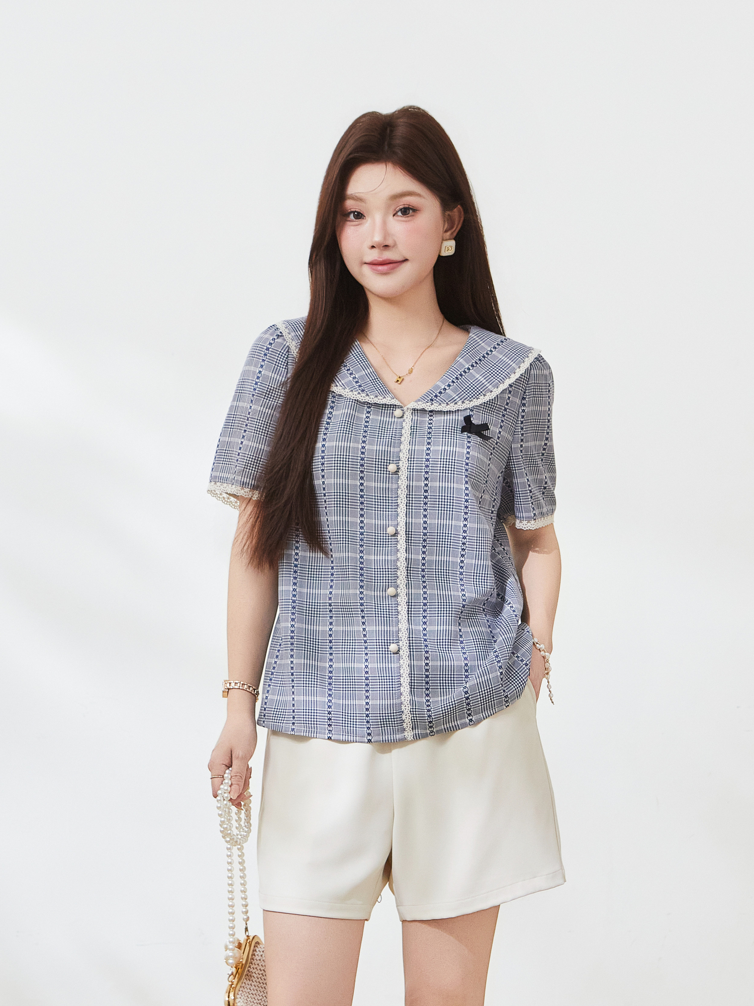Academic style navy collar slim-fitting checkered shirt FXA7189
