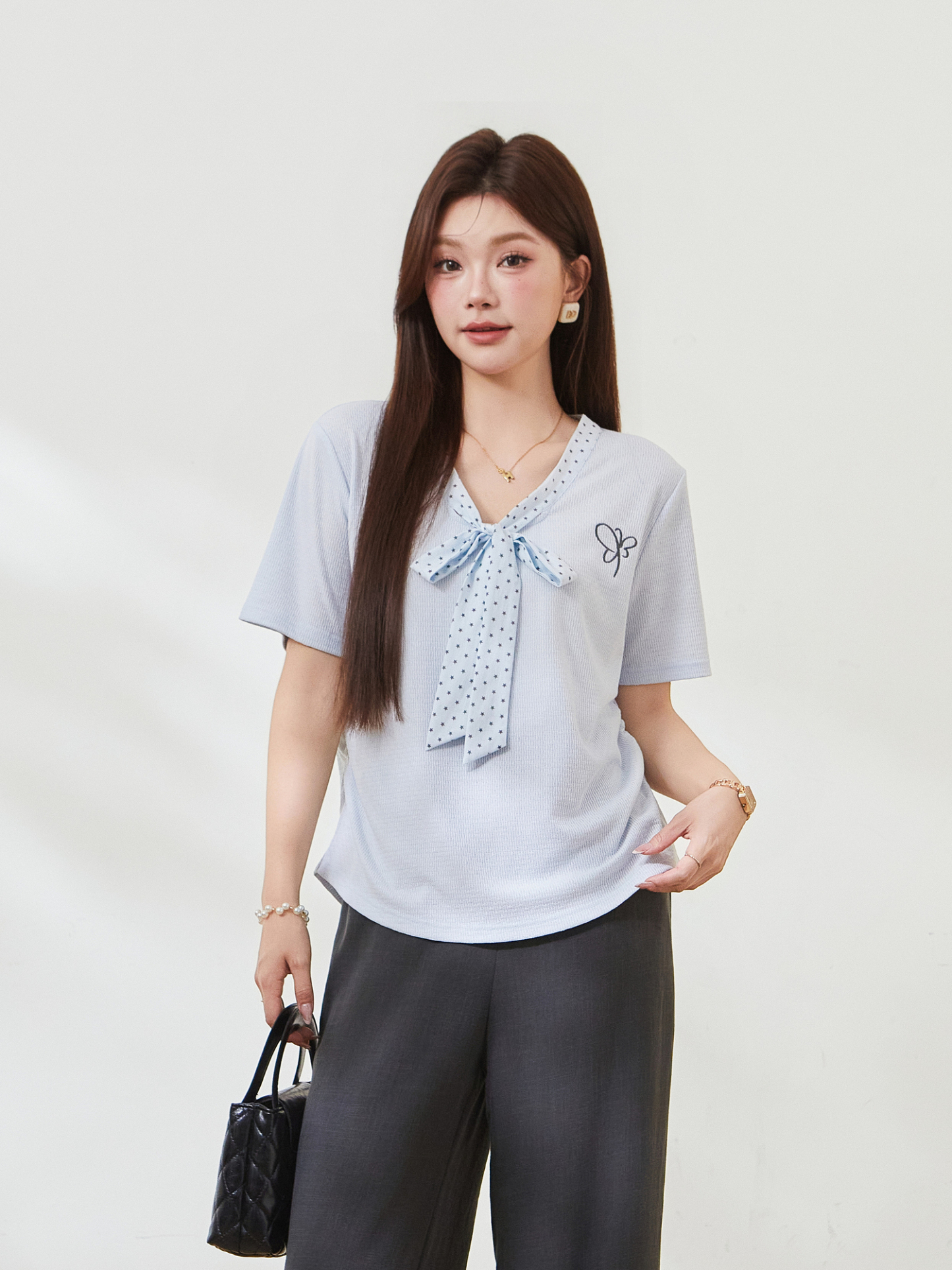 Polka Dot Bowknot V-Neck Knitted T-Shirt FXZ7385