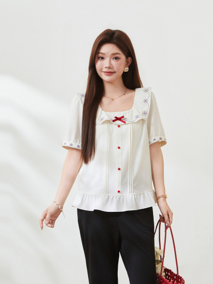 Vintage embroidery lotus leaf square neck shirt FXA7500
