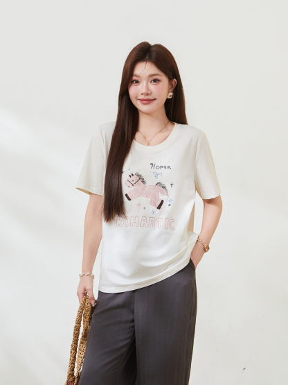 Horse Embroidery Short-sleeved T-shirt FXZ7503