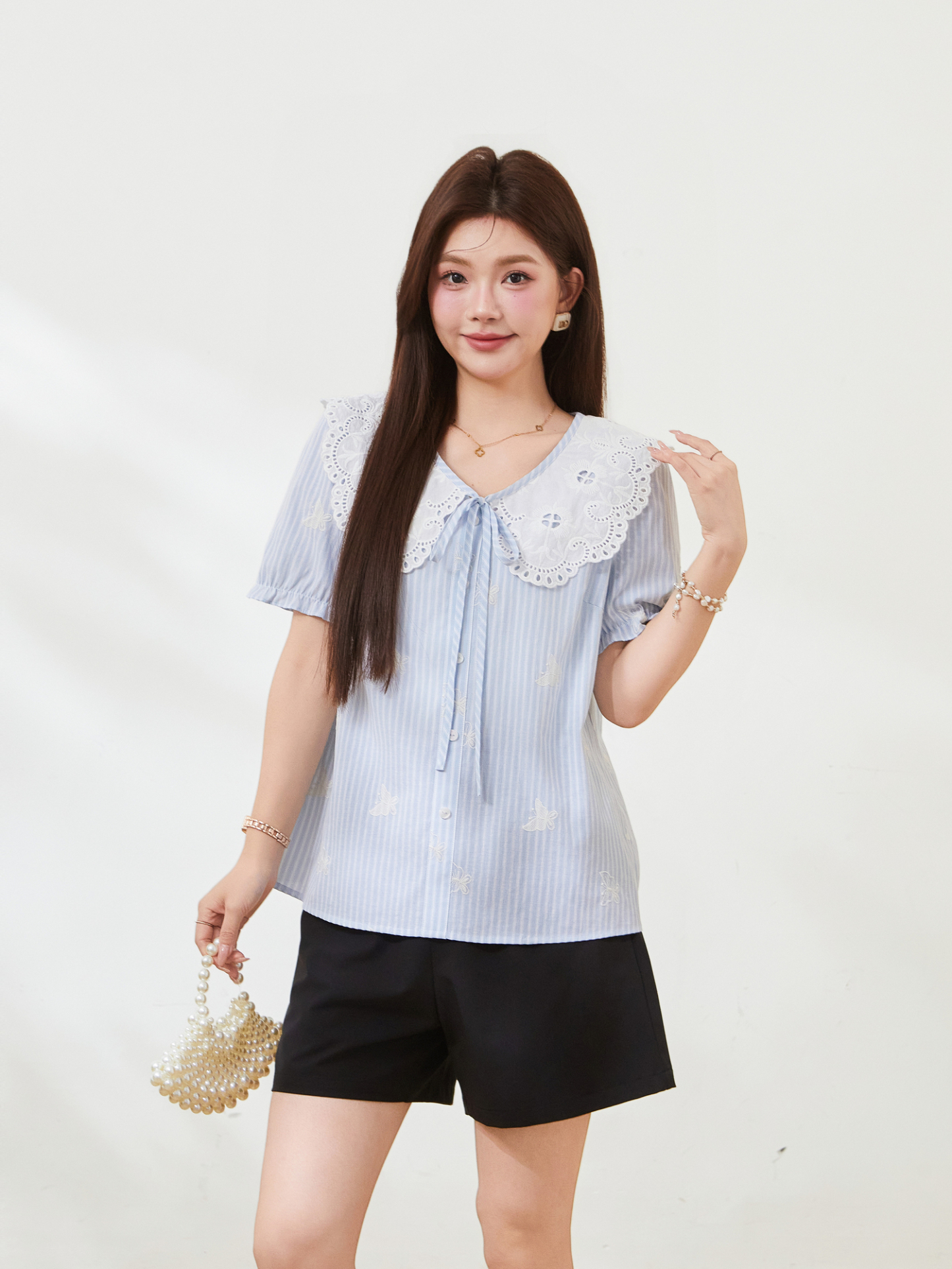 French retro doll collar striped embroidered top，FXA7311