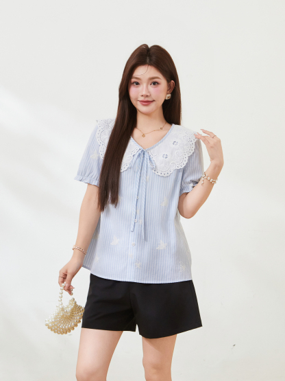 French retro doll collar striped embroidered top，FXA7311