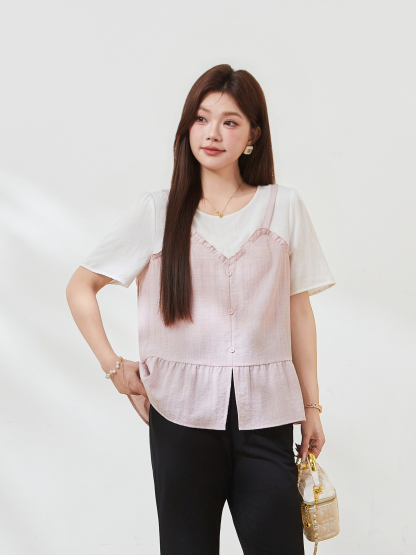 Fake two-piece splicing wooden ear small shirt FXA7506