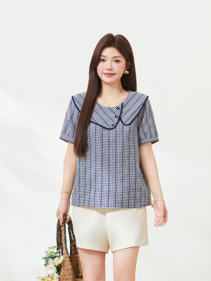 Round-neck blue checkered puff-sleeve blouse FXA7321