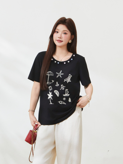 Beaded and printed fashion knitted T-shirt FXZ7212