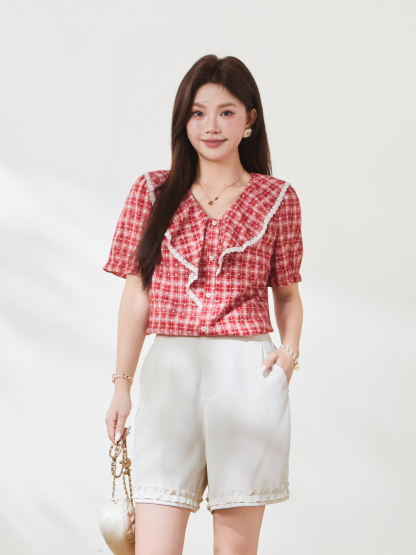 French bowknot V-neck ruffle blouse FXA7160