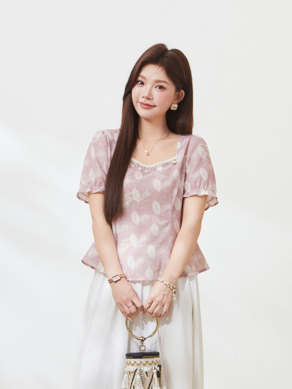 Embroidered cotton printed square neck sweater，FXA7199