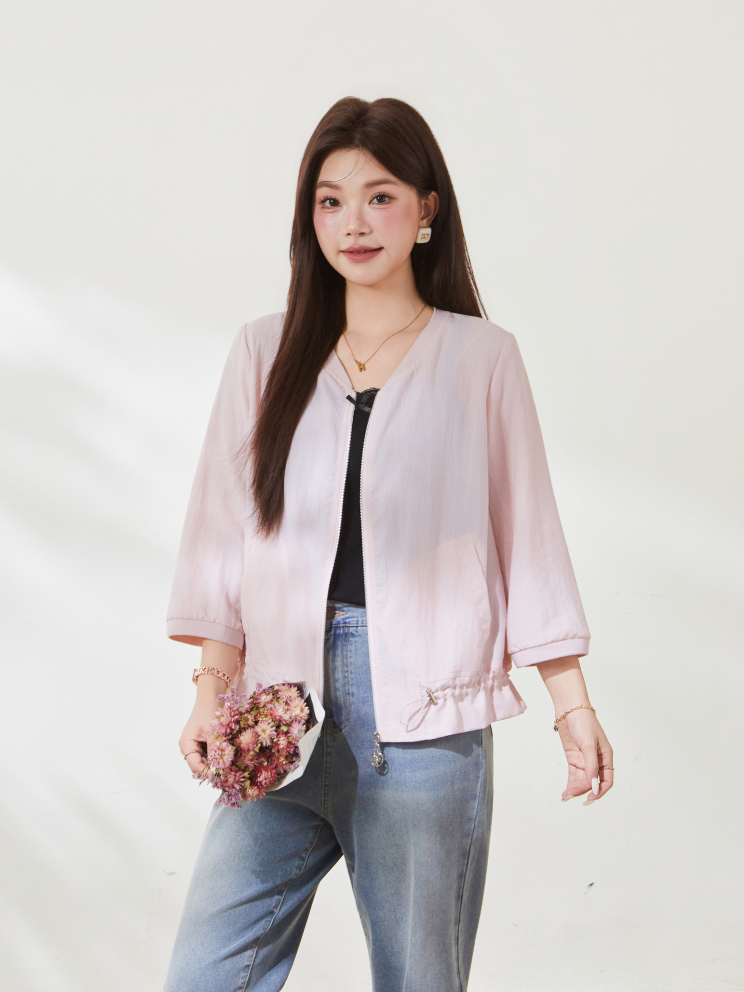 Thin jacket with drawstring hem, versatile style, FXW8095
