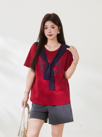 Round neck loose print shawl contrasting top，FXZ7109