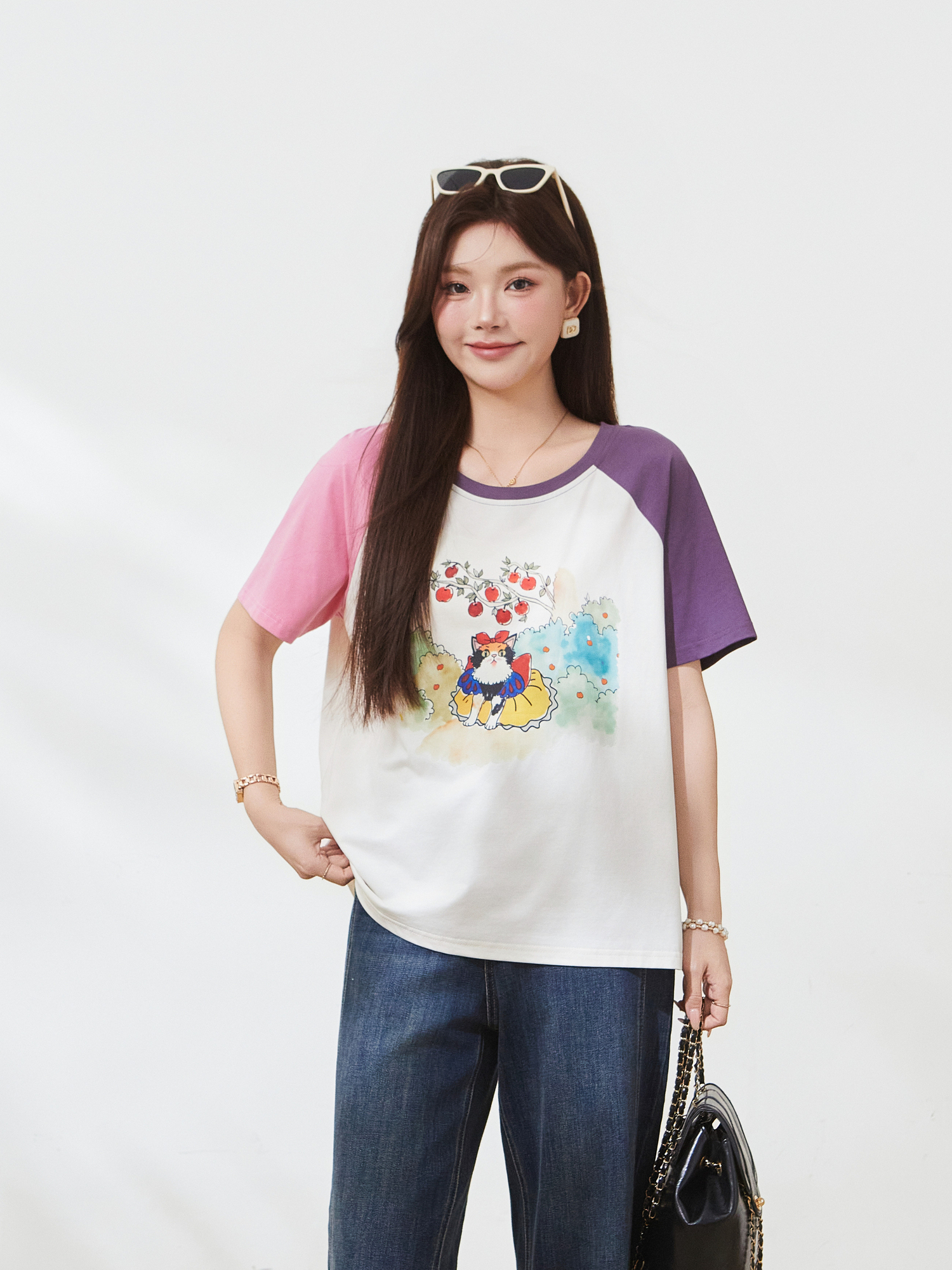 Color blocked shoulder cartoon cat T-shirt，FXZ7168