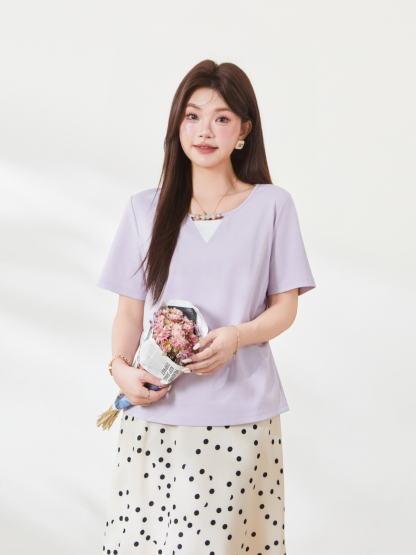 Sweet Colorful Beaded Color-block T-shirt FXZ9030