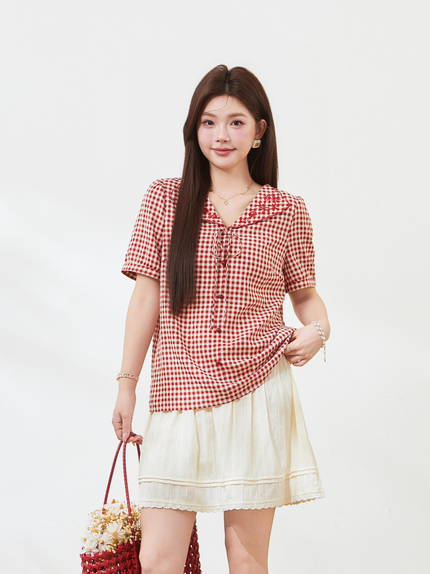 Doll collar embroidered short shirt，FXA7337