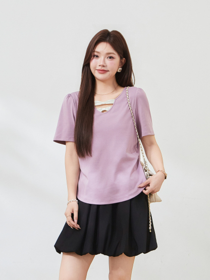 V-neck contrast bow tie waist T-shirt FXZ7360