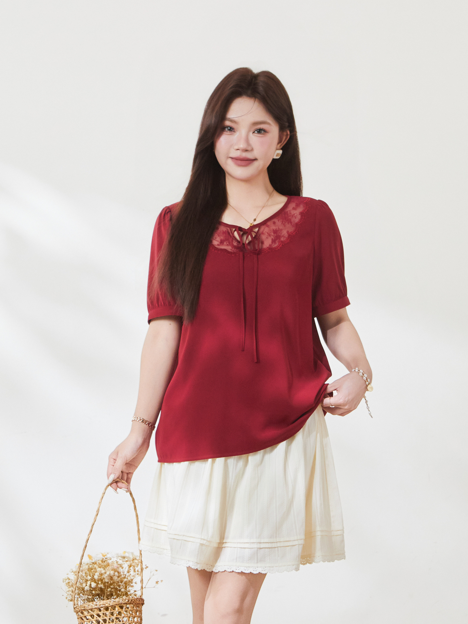 New Chinese style lace up bubble sleeve sweater，FXA7175