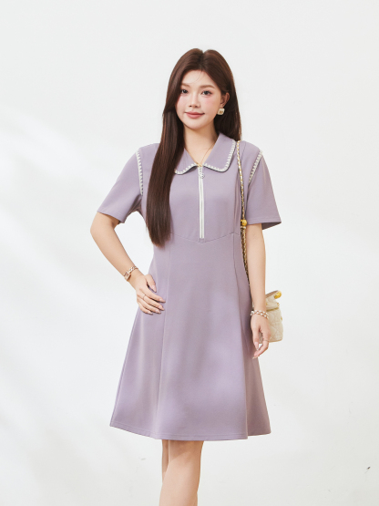 POLO collar and waist A-line shell embroidered dress，FXQ7227