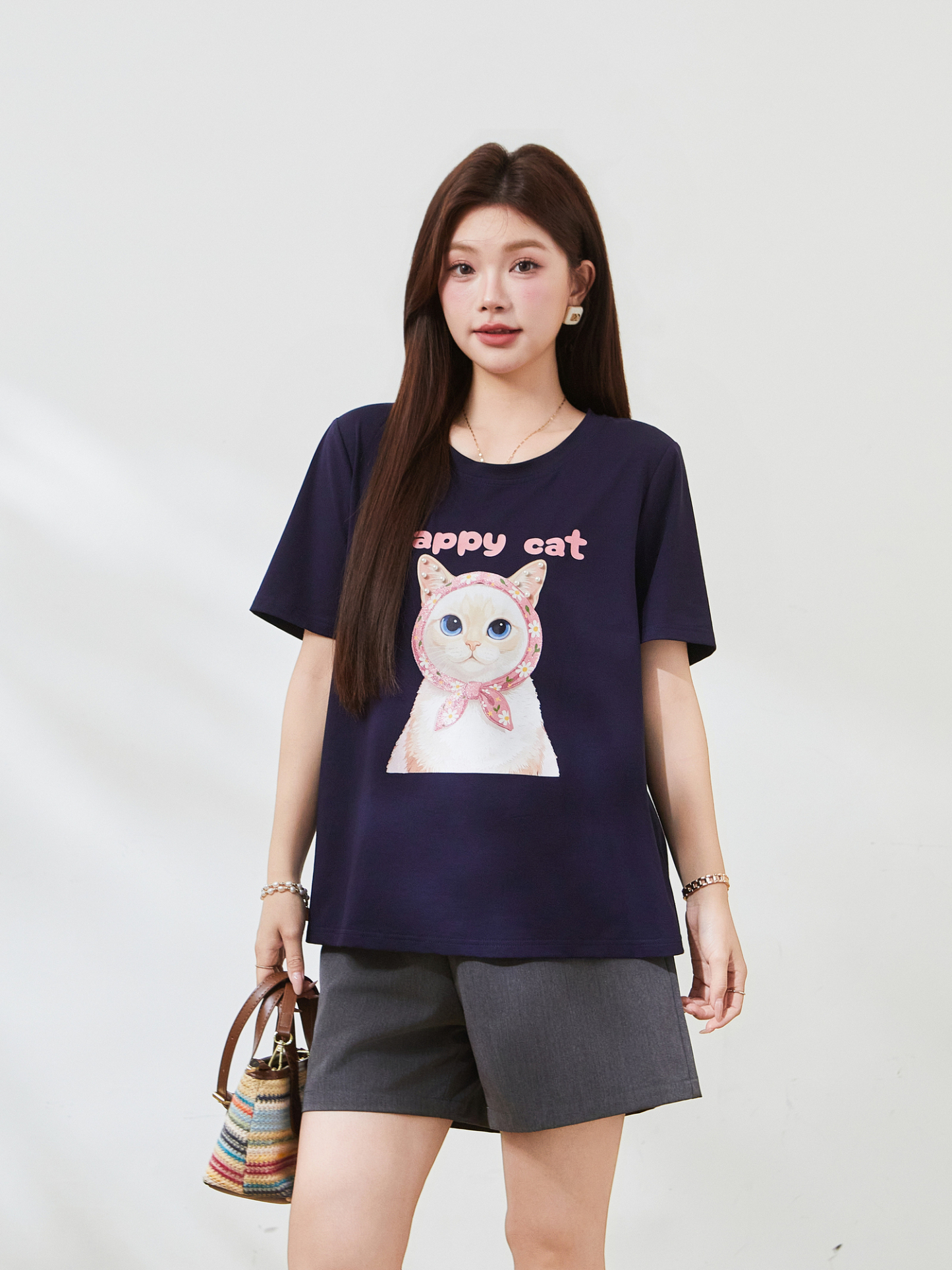 Round-neck cat print beaded T-shirt FXZ7381