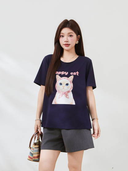 Round-neck cat print beaded T-shirt FXZ7381