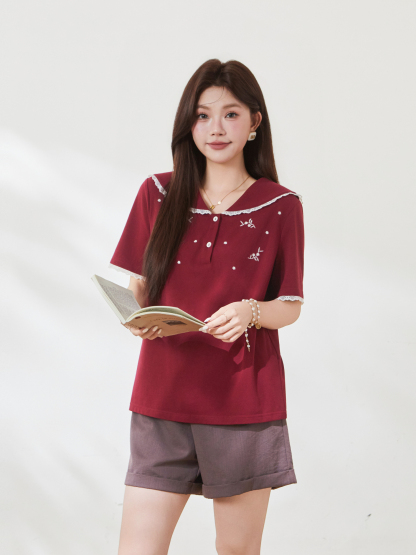 Age-reducing Navy Lace-collar Embroidered Beaded T-shirt FXZ7166
