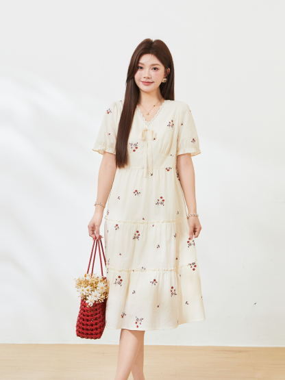 Embroidered floral V-neck cake dress，FXQ7335