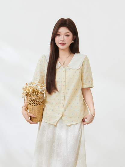 Contrast-colored baby-collar floral shirt FXA7215