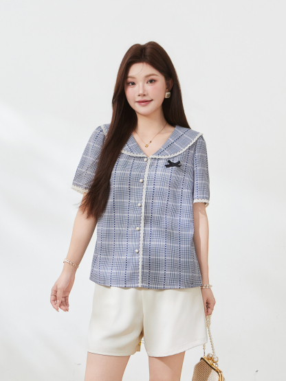 Academic style navy collar slim-fitting checkered shirt FXA7189
