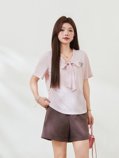 Polka Dot Bowknot V-Neck Knitted T-Shirt FXZ7385