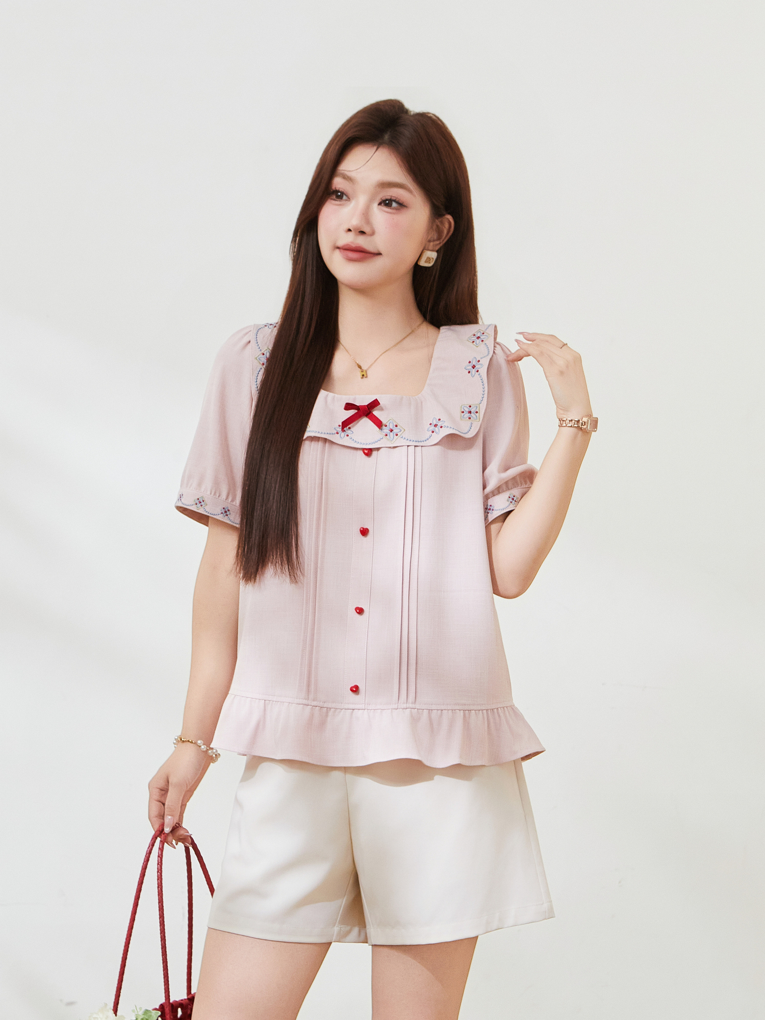Vintage embroidery lotus leaf square neck shirt FXA7500