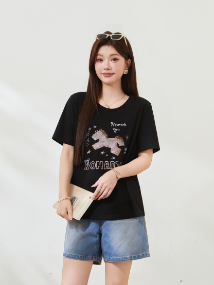 Horse Embroidery Short-sleeved T-shirt FXZ7503