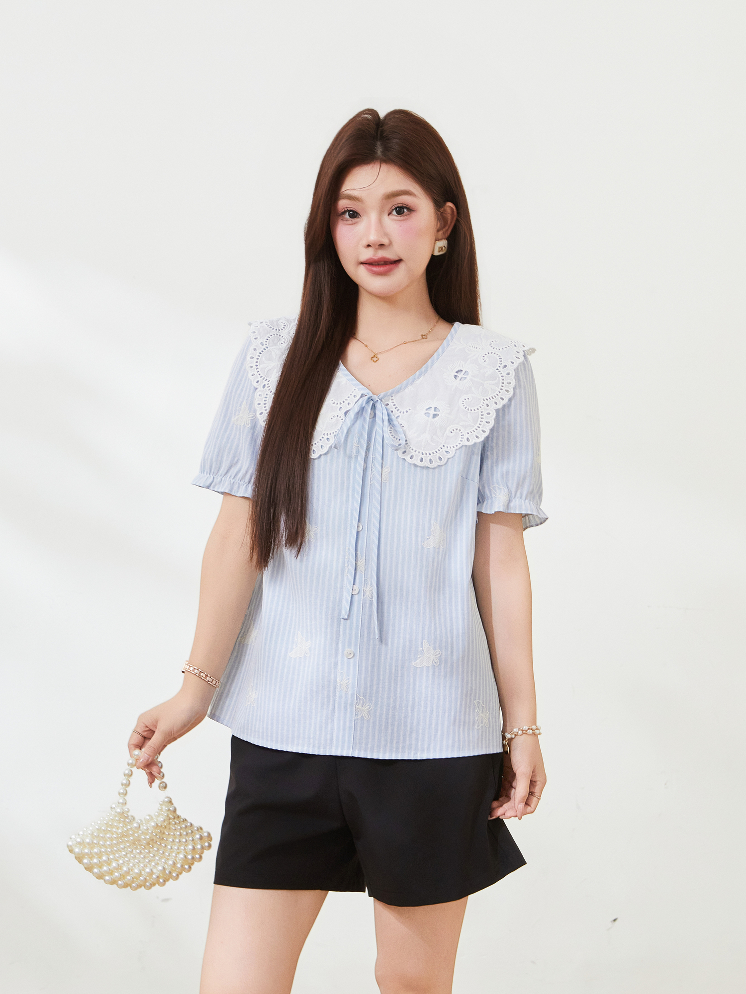 French retro doll collar striped embroidered top，FXA7311