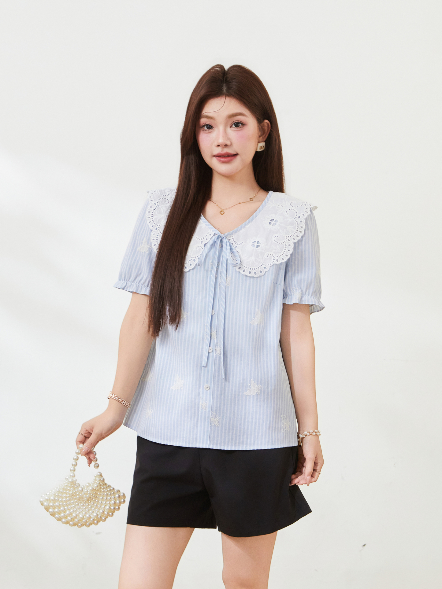 French retro doll collar striped embroidered top，FXA7311