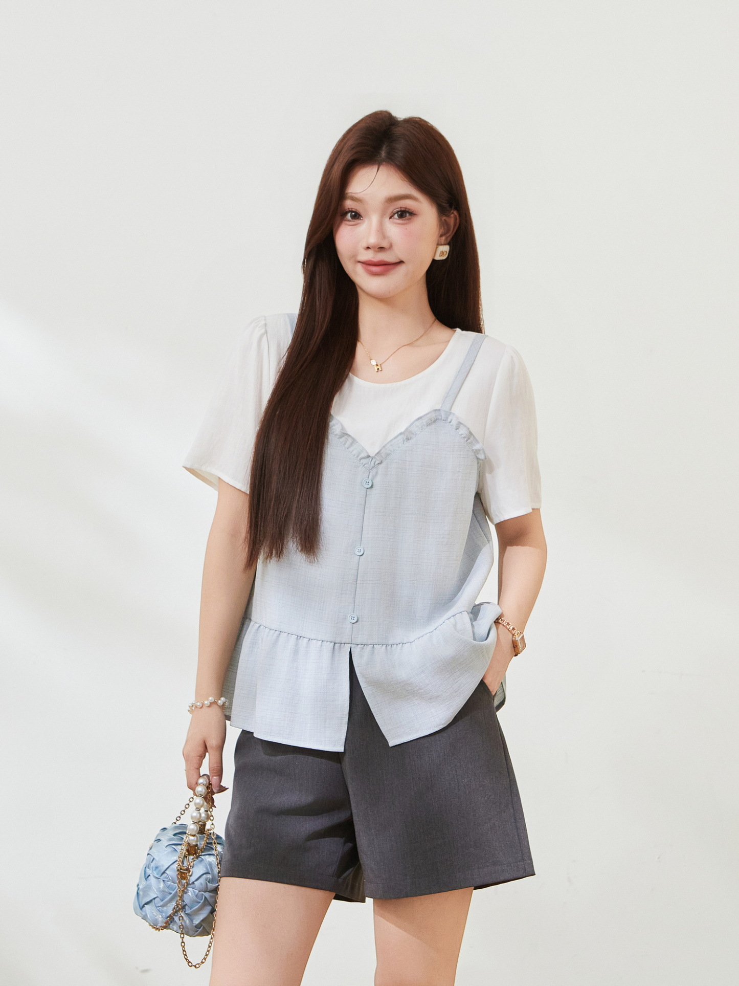 Fake two-piece splicing wooden ear small shirt FXA7506