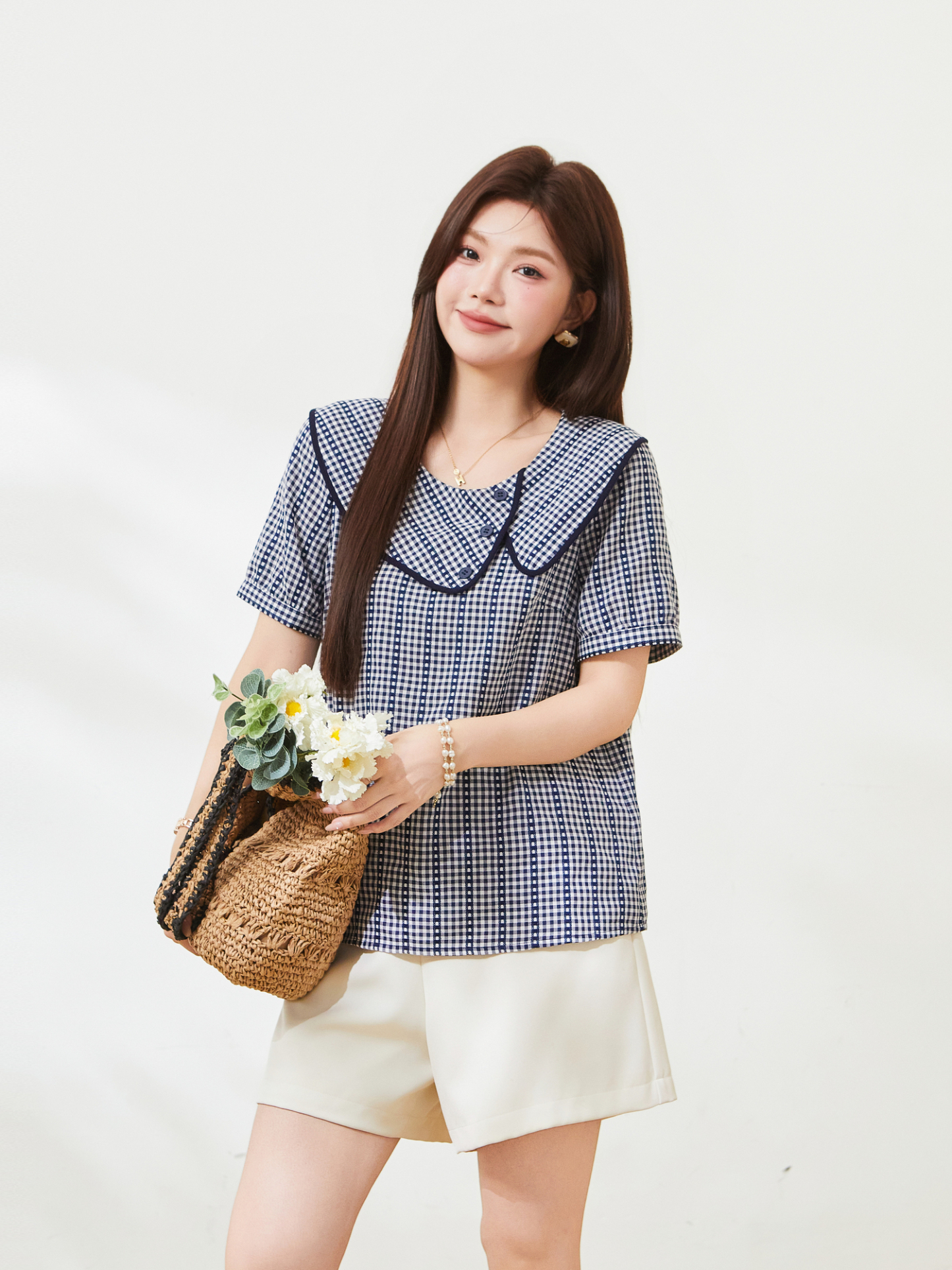 Round-neck blue checkered puff-sleeve blouse FXA7321