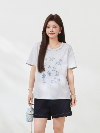 Beaded and printed fashion knitted T-shirt FXZ7212