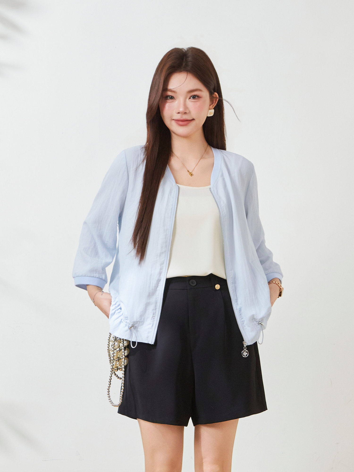 Thin jacket with drawstring hem, versatile style, FXW8095