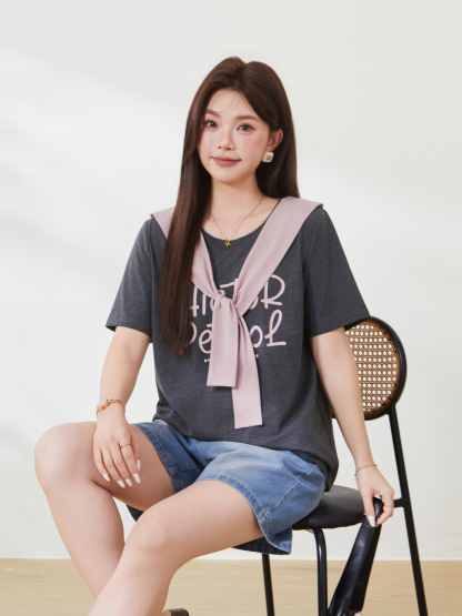 Round neck loose print shawl contrasting top，FXZ7109