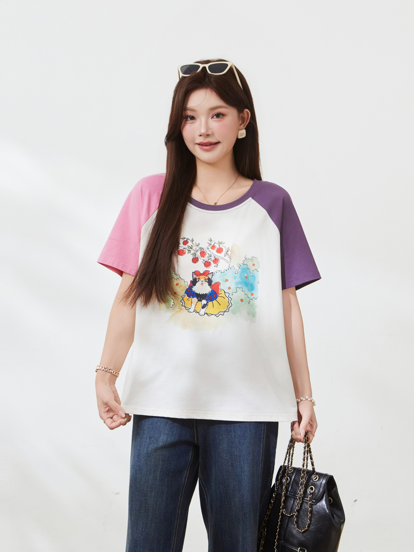 Color blocked shoulder cartoon cat T-shirt，FXZ7168