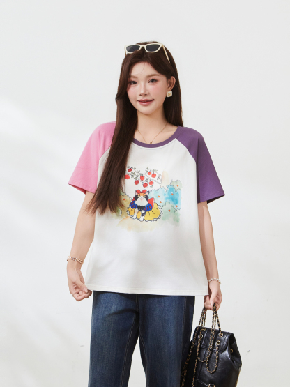 Color blocked shoulder cartoon cat T-shirt，FXZ7168