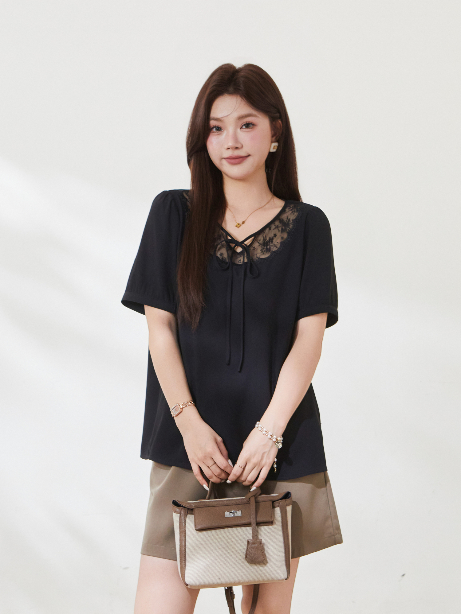 New Chinese style lace up bubble sleeve sweater，FXA7175